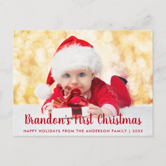 Baby First Christmas Red Script Photo Vykort (Framsida)