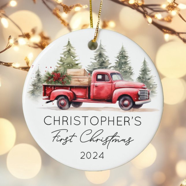 Baby First Christmas Red Truck Photo Julgransprydnad Keramik (Skapare uppladdad)