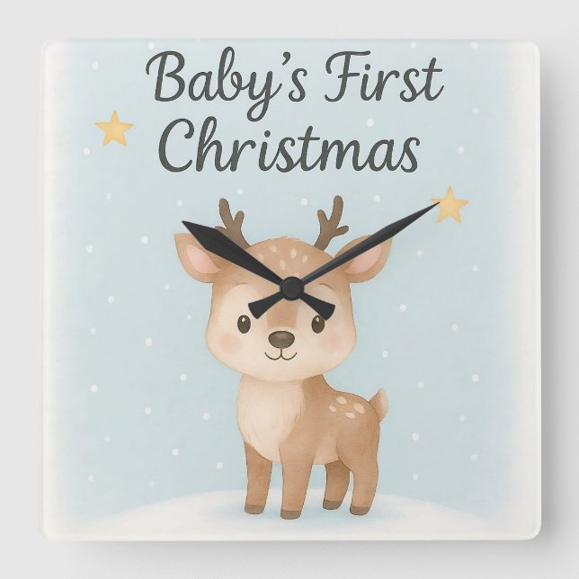 Baby first christmas reindeer cute gentle nursery  fyrkantig klocka (Framsida)