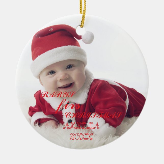 Baby First Christmas Snowflakes Stylish Chic Photo Julgransprydnad Keramik (Framsidan)