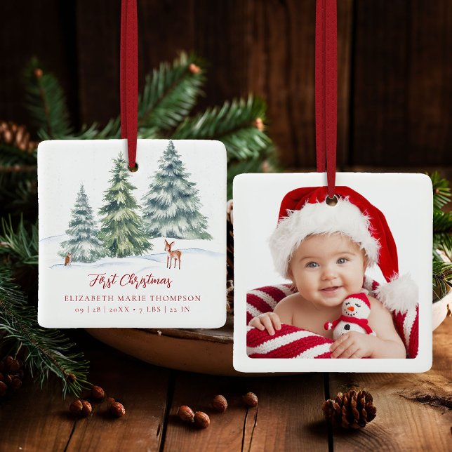 Baby First Christmas Woodland Deer Owl Photo  Julgransprydnad Keramik (baby first christmas ornament woodland deer owl winter wonderland photo template red calligraphy)