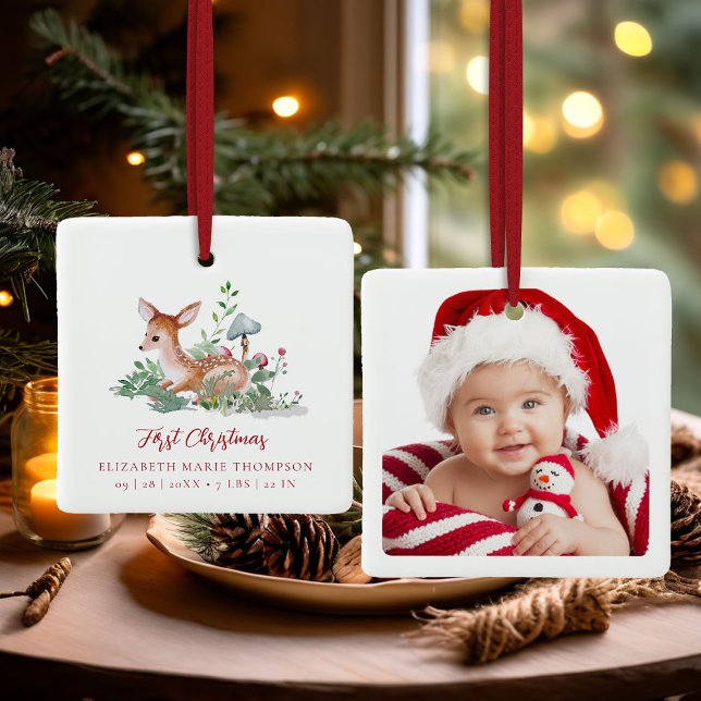 Baby First Christmas Woodland Deer Photo  Julgransprydnad Keramik (baby first christmas ornament woodland deer mushrooms photo template red calligraphy)