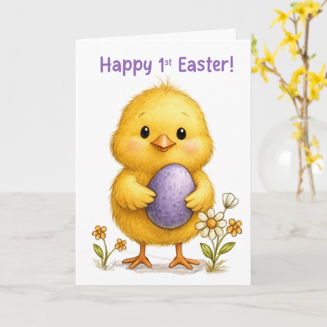 Baby First Easter Cute Chick with Purple Egg Kort (Gul blomma)