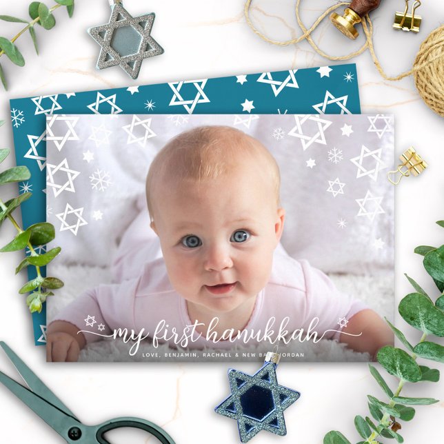 Baby First Hanukkah Photo Star of David Script Julkort (Skapare uppladdad)