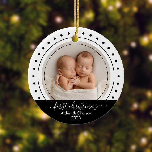 Baby First jul Black, White Dots Julgransprydnad Keramik (Modern Custom Photo Ornament)