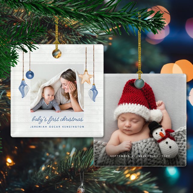 Baby First jul Blue Seashell Helgdag Photo Julgransprydnad Keramik (Baby's First Christmas Blue Seashell Holiday Photo Ceramic Ornament)