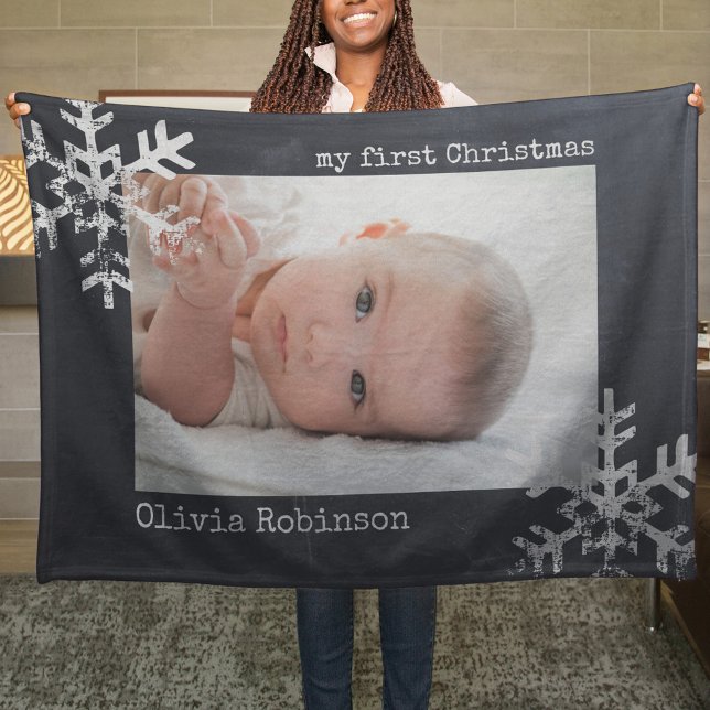 Baby First jul Chalkboard Photo Snowflake Fleecefilt (Snowflake Baby's 1st Christmas holiday keepsake photo ornament perfect to bring joy to others.)