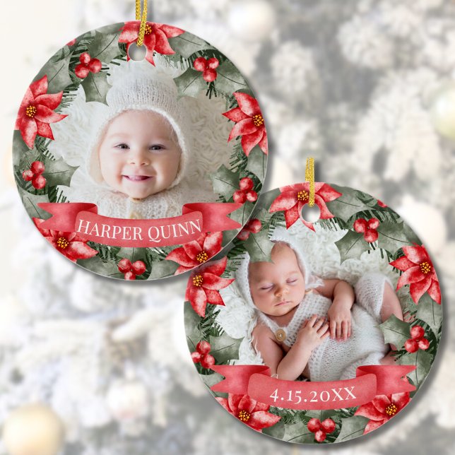 Baby First jul Classic Blommigt Ram Photo Julgransprydnad Keramik (Baby's First Christmas Classic Floral Frame Photo Ceramic Ornament)