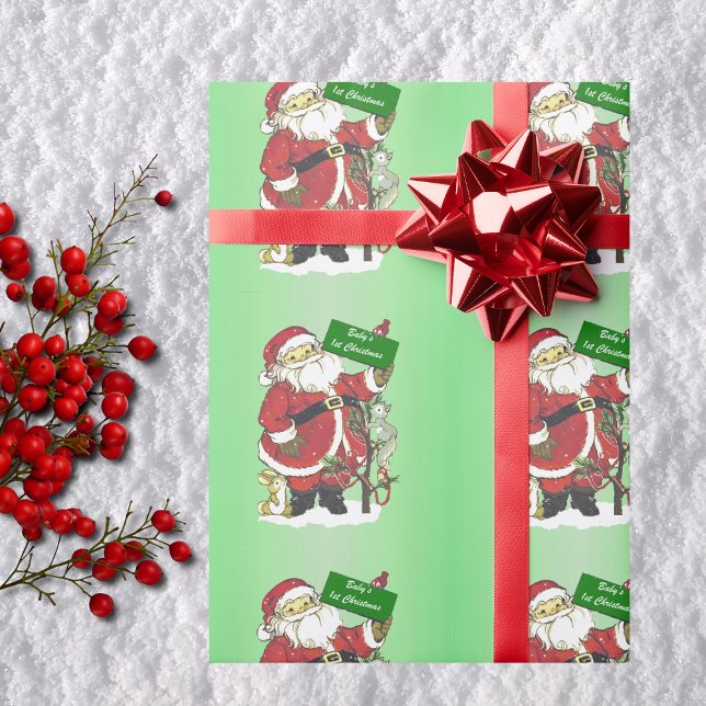 Baby First jul Cute Santa Presentpapper (Cute Santa Claus Little animals tree on green Baby's first Chriatmas wrapping paper roll.)
