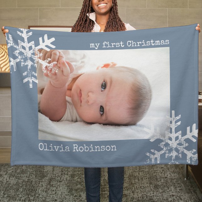 Baby First jul Dusty Blue Photo Snöflingor Fleecefilt (Snowflake Baby's 1st Christmas holiday keepsake photo ornament perfect to bring joy to others.)