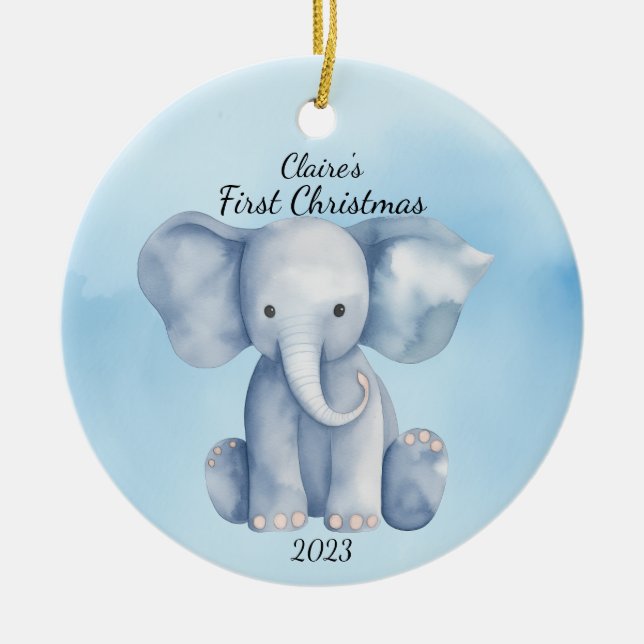 Baby First jul Elephant Blue Personlig Julgransprydnad Keramik (Framsidan)