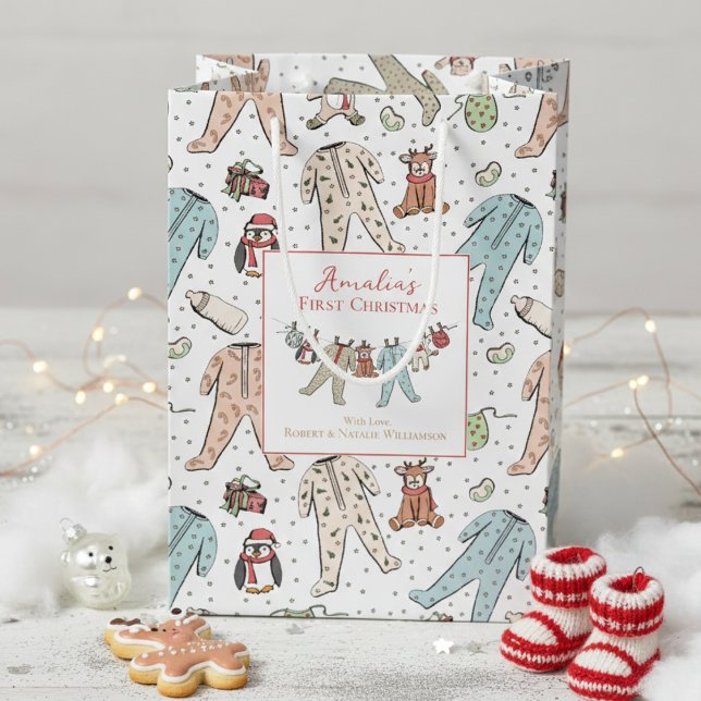 Baby First jul Gender Neutral (Cute Baby's First Christmas Gift Bags Cute Winter Xmas Pajama, Reindeer, Teddy Bear, Penguin Pattern)