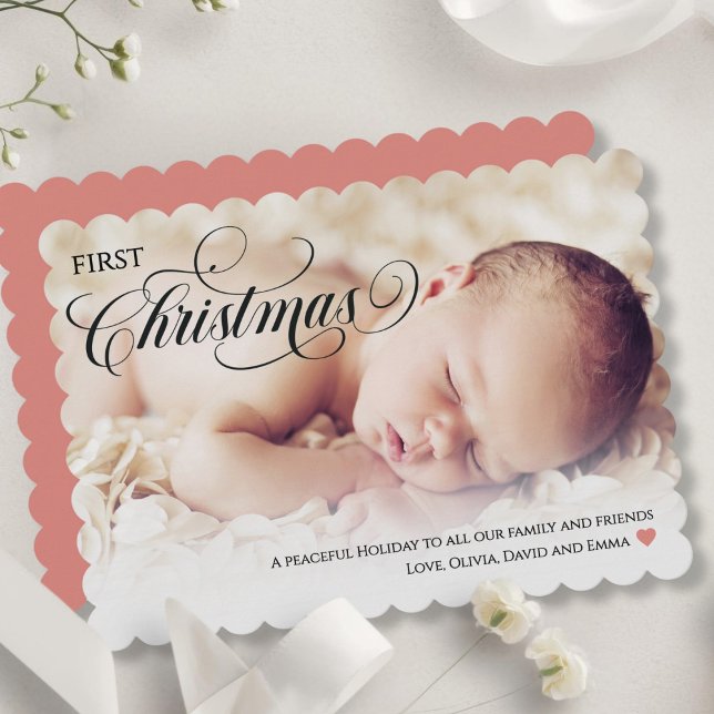 Baby First jul Heart Flat Helgdag Card Julkort (Baby's First Christmas Heart Flat Holiday Card)