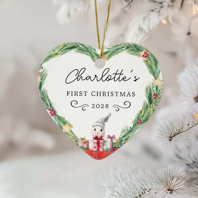 Baby First jul-Heart & Rabbit Julgransprydnad Keramik (Baby's First Christmas–Heart & Rabbit Ceramic Ornament)