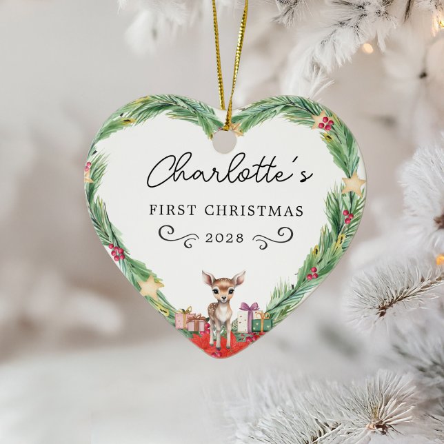 Baby First jul-Heart & Reindeer Julgransprydnad Keramik (Baby's First Christmas–Heart & Reindeer Ceramic Ornament)