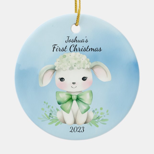 Baby First jul Lamb Blue Personlig Julgransprydnad Keramik (Framsidan)