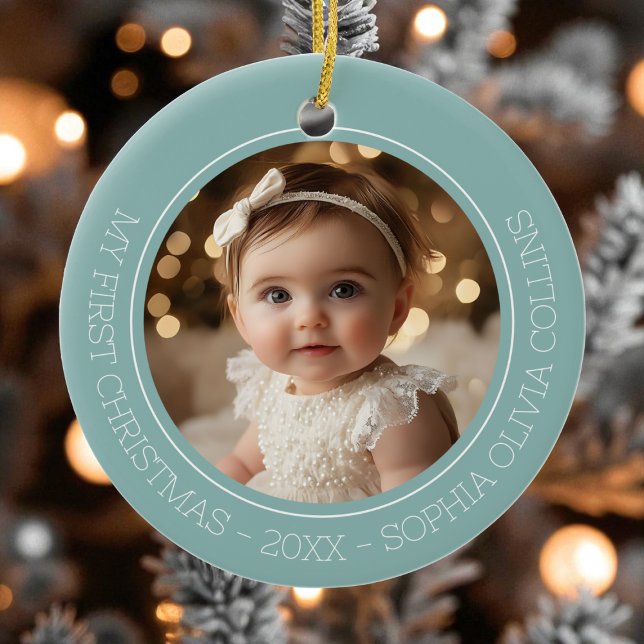 Baby First jul Mint Modern 2 Photo Newborn Julgransprydnad Keramik (Baby's First Christmas Mint Modern 2 Photo Newborn Ceramic Ornament)