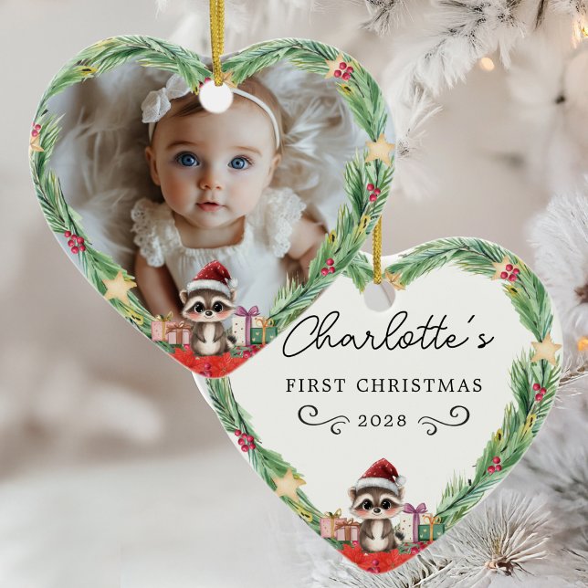 Baby First jul-Photo-Heart-Racoon Julgransprydnad Keramik (Baby's First Christmas–Photo-Heart-Racoon Ceramic Ornament)