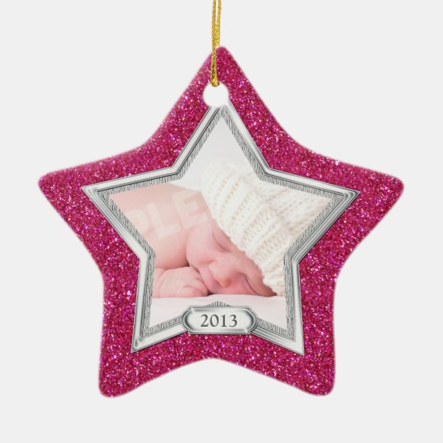 Baby First jul Photo Julafton Silver Rosa Star Julgransprydnad Keramik (Framsidan)