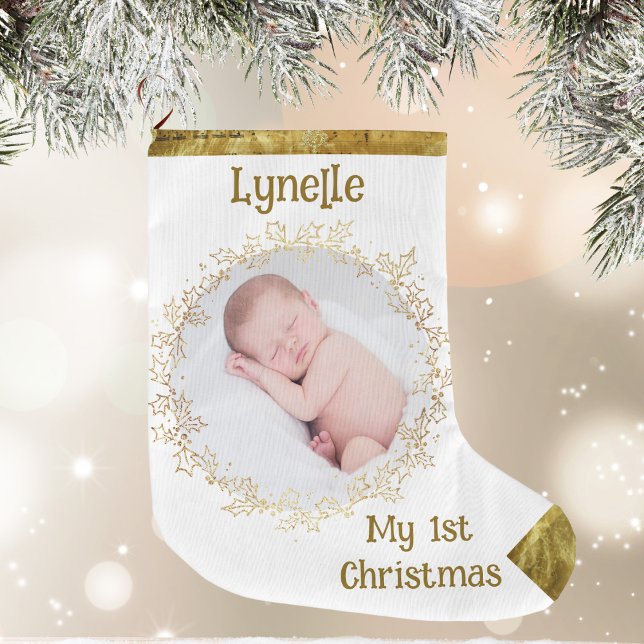 Baby First jul, Photo, Namn, Guld, White Stor Julstrumpa (Baby's First Christmas, Photo, Name, Gold, White Large Christmas Stocking)
