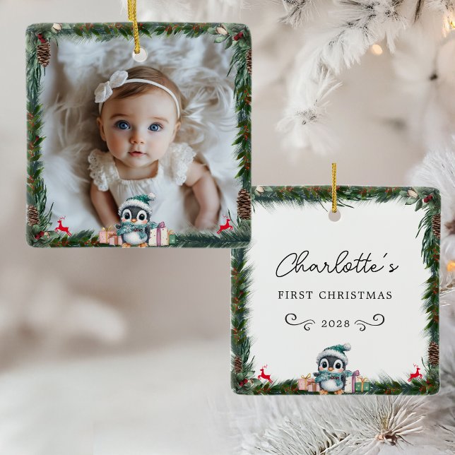 Baby First jul-Photo-Penguin Julgransprydnad Keramik (Baby's First Christmas–Photo-Penguin Ceramic Ornament)