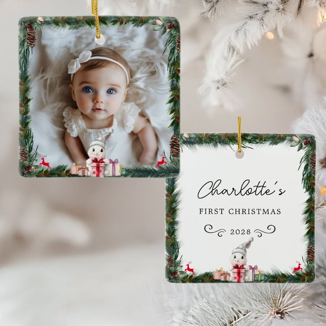 Baby First jul-Photo-Rabbit Julgransprydnad Keramik (Baby's First Christmas–Photo-Rabbit Ceramic Ornament)