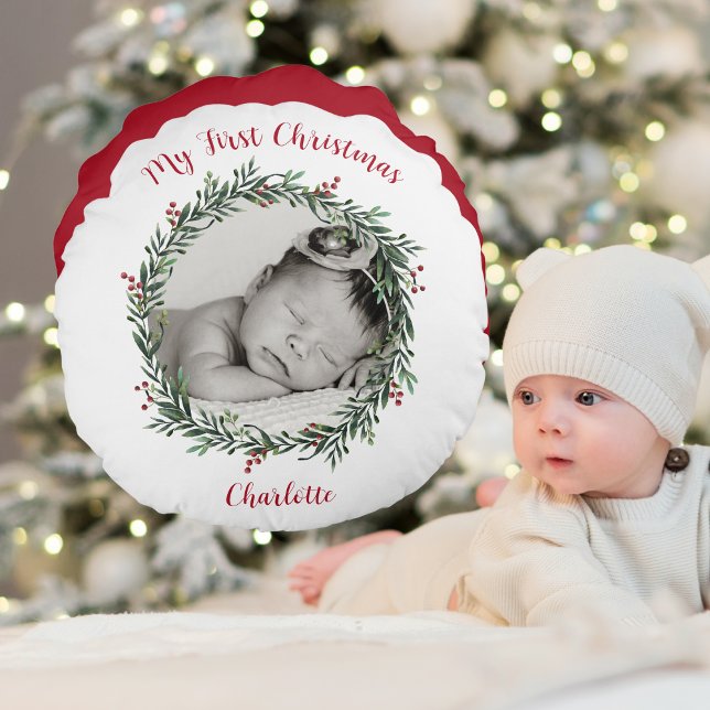 Baby First jul, Photo With Namn Rund Kudde (Baby's First Christmas, Photo With Name Round Pillow)