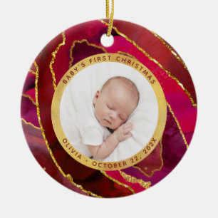 Baby First jul Red and Guld Geode Photo Julgransprydnad Keramik