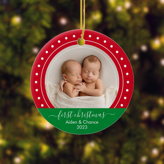 Baby First jul Red och Grönt Dots Julgransprydnad Keramik (Custom Christmas Baby Ornament)