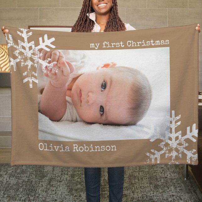 Baby First jul Tan Photo Snöflingor Fleecefilt (Snowflake Baby's 1st Christmas holiday keepsake photo ornament perfect to bring joy to others.)