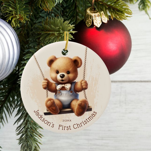 Baby First jul Teddy på Swing Julgransprydnad Keramik (Skapare uppladdad)