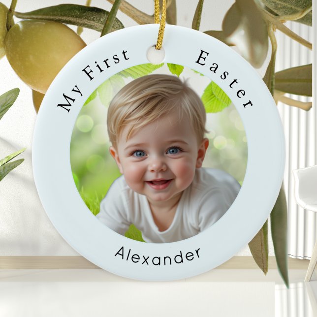 Baby First Påsk Elegant Photo KeepsakBlue Julgransprydnad Keramik (A cute ornament for baby's first Easter, with custom photo, name, and your own message on the back)
