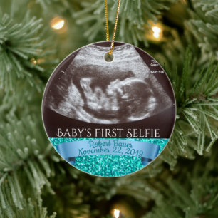 Baby First Selfie (blå bakgrund) Julgransprydnad Keramik