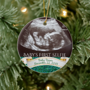Baby First Selfie (grönt bakgrund) Julgransprydnad Keramik