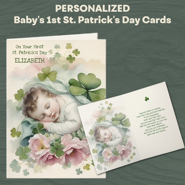 Baby First St. Patrick's Day Bluting Prayer Kort (Baby's First St. Patrick's Day Card with Shamrocks and pink roses )