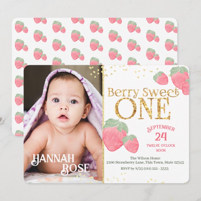 Baby First Sweet Strawberry Birthday med Photo Inbjudningar (Fram/baksida)