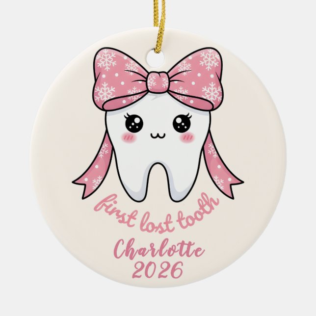 Baby First Tooth Pink Bow Milestone Kawaii Tooth Julgransprydnad Keramik (Framsidan)