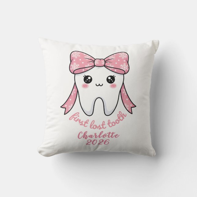 Baby First Tooth Pink Bow Milestone Kawaii Tooth Kudde (Framsida)