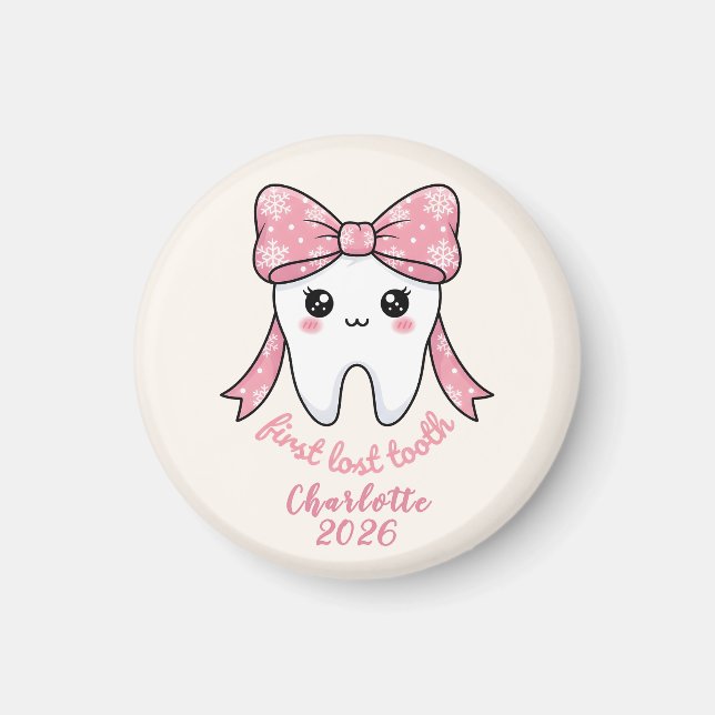 Baby First Tooth Pink Bow Milestone Kawaii Tooth Magnet (Framsidan)