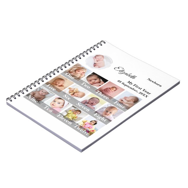 Baby First Year 12 Month Photo Collage  Milestone Anteckningsbok (Vänstra Sidan)