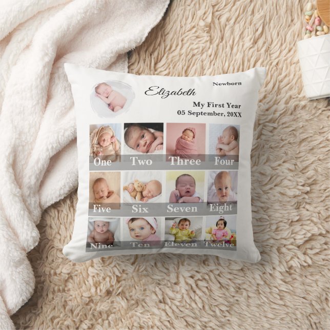 Baby First Year 12 Month Photo Collage  Milestone Kudde (Filt)