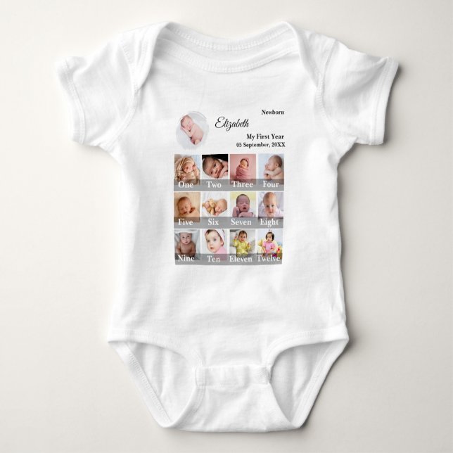 Baby First Year 12 Month Photo Collage  Milestone T Shirt (Framsida)
