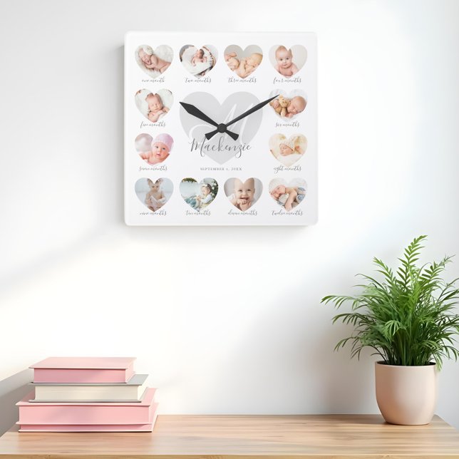 Baby First Year Heart Photo Keepsak Collage Fyrkantig Klocka (Baby's First Year Heart Photo Keepsake Collage Square Wall Clock)