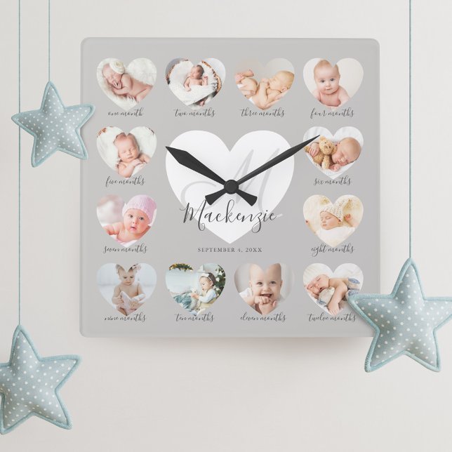 Baby First Year Heart Photo Keepsak Collage Fyrkantig Klocka (Skapare uppladdad)