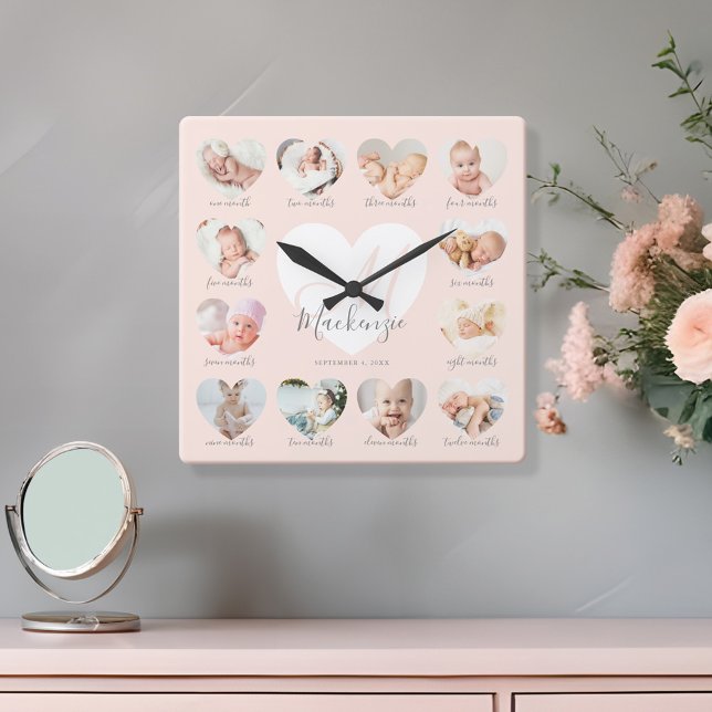 Baby First Year Heart Photo Keepsak Collage Fyrkantig Klocka (Baby's First Year Heart Photo Keepsake Collage Square Wall Clock)