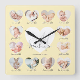 Baby First Year Heart Photo Keepsak Collage Fyrkantig Klocka
