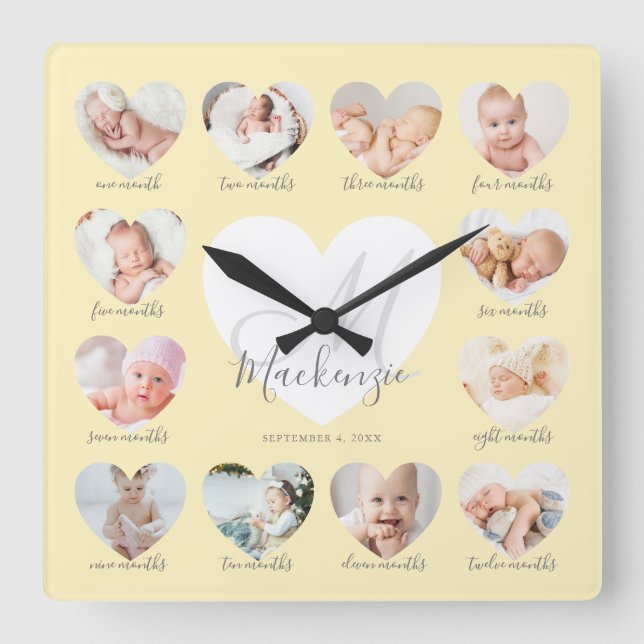 Baby First Year Heart Photo Keepsak Collage Fyrkantig Klocka (Framsida)