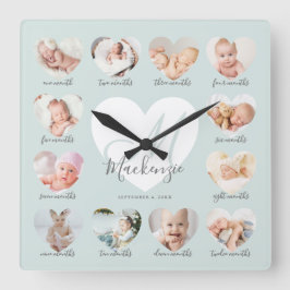 Baby First Year Heart Photo Keepsak Collage Fyrkantig Klocka