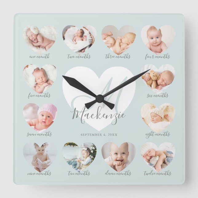 Baby First Year Heart Photo Keepsak Collage Fyrkantig Klocka (Framsida)