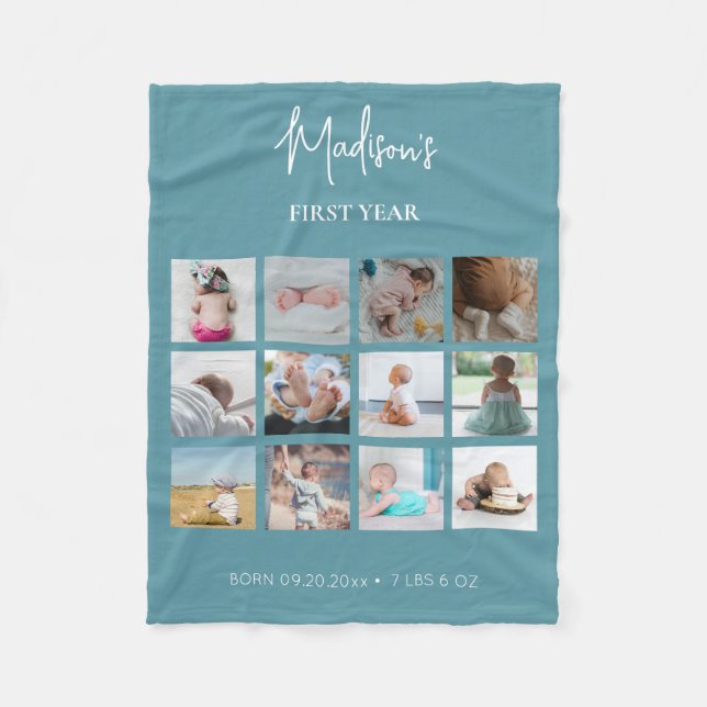 Baby First Year Photo Collage Birth Stats Blue Fleecefilt (Framsidan)
